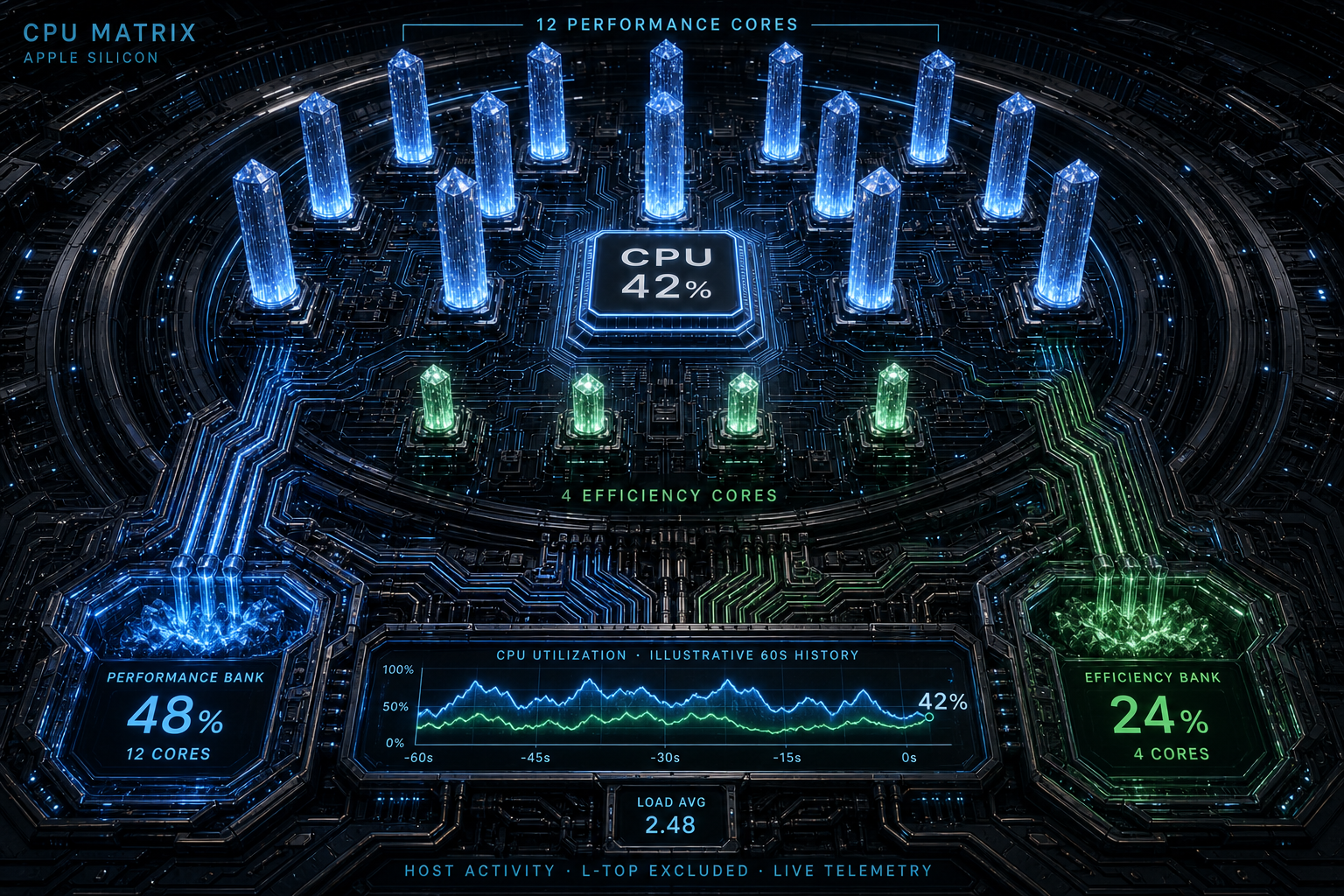 CPU Matrix concept showing blue Performance-core towers, green Efficiency-core towers, and connected utilization telemetry