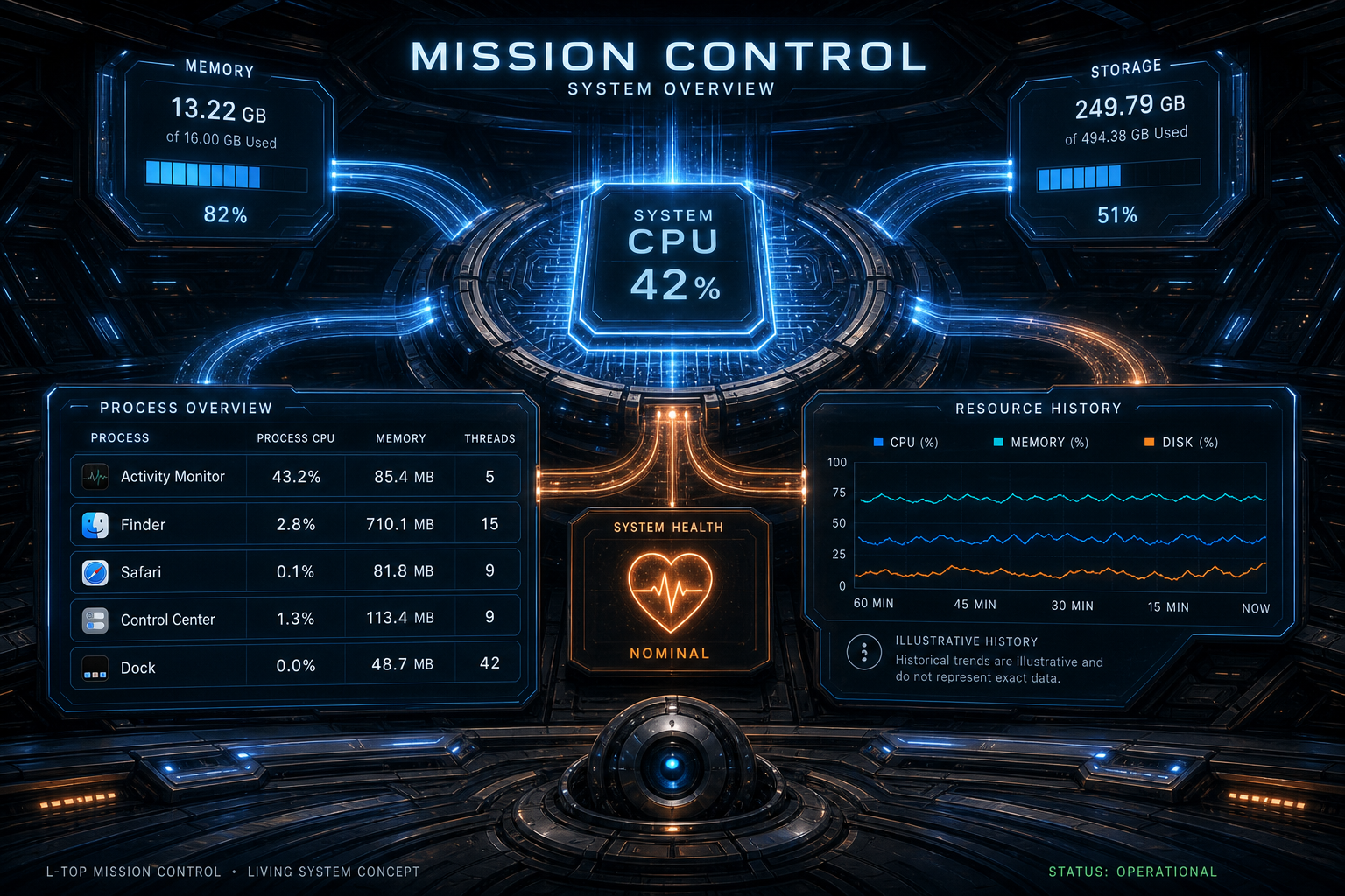 Mission Control concept showing a central system CPU, memory and storage instruments, process activity, and system health