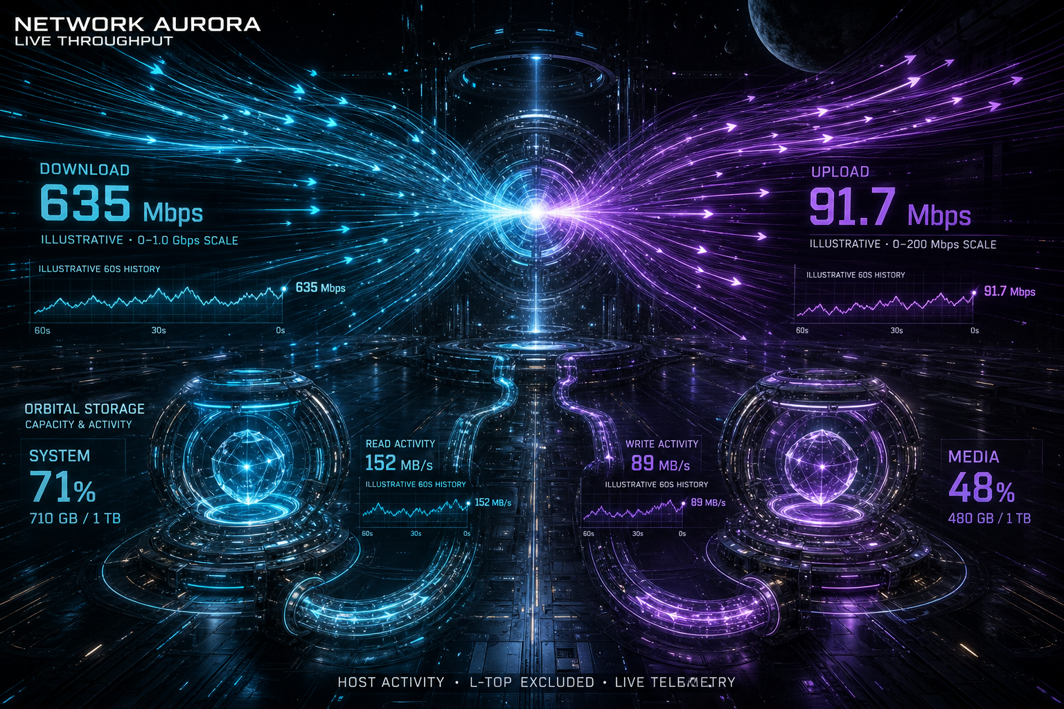 Network Aurora concept showing cyan download flow, violet upload flow, and two orbital storage instruments